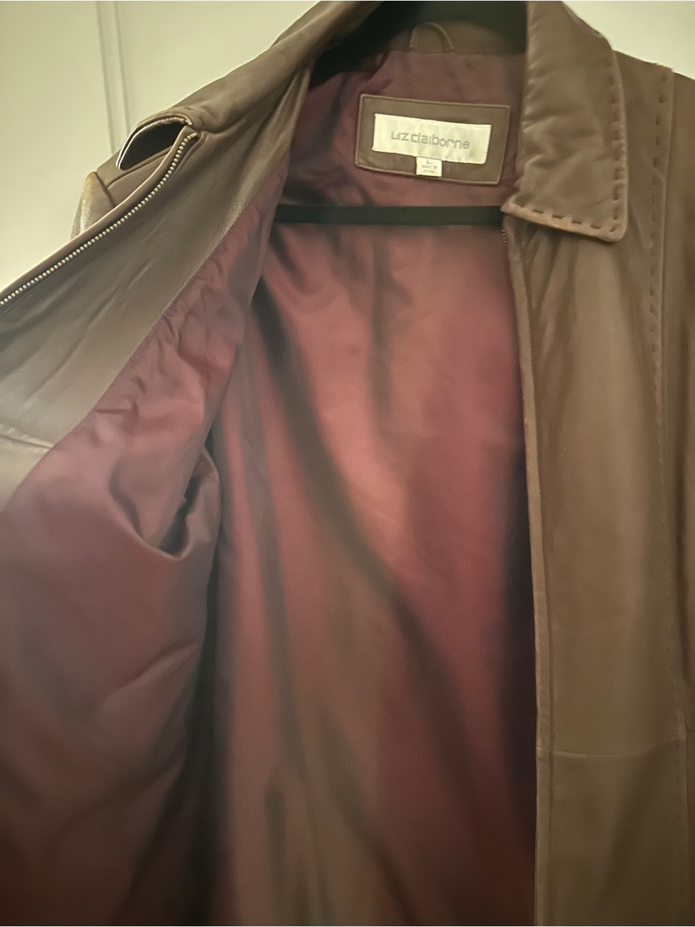 Liz Claiborne Brown Leather Trench Coat with Burgundy Lining